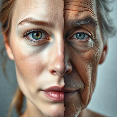 The image features a woman with two faces, one on the left and one on the right side of her face. The two faces are distinct and have different expressions. The woman's hair is pulled back, and she appears to be looking at the camera. The image is a close-up of the woman's face, emphasizing the two faces. The visual style of the image is a portrait, and the colors are predominantly neutral tones.